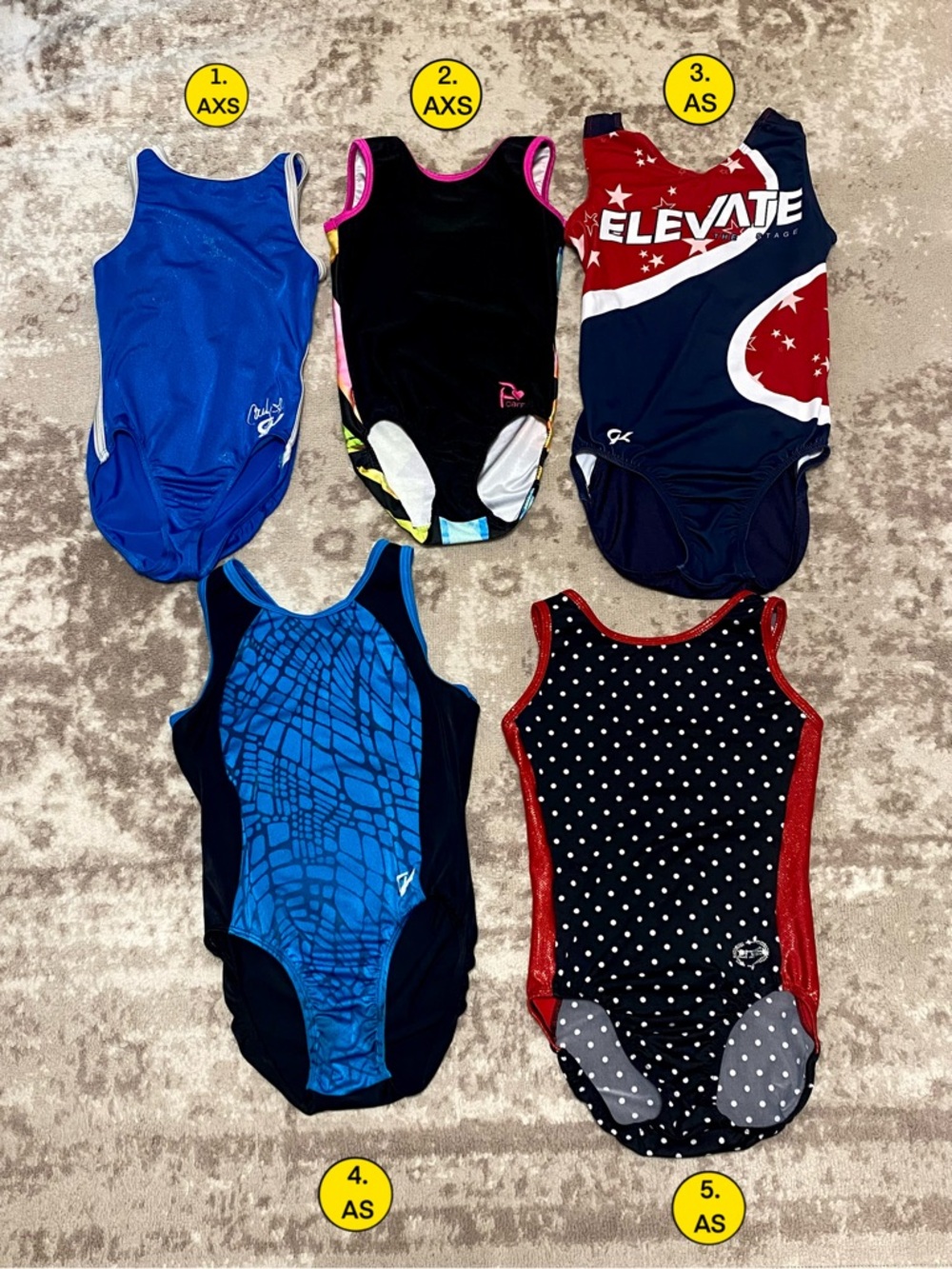 SOLD* Gymnastics Leotard Lot - 5 Leotards AS/AXS, GK Elite, Ozone, Plum